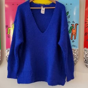 Free People Lofty V Neck Sweater M Cobalt NWT